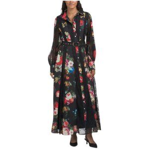 DALIA MACPHEE Long Sleeve Floral Lace Trim Maxi Dress With Belt